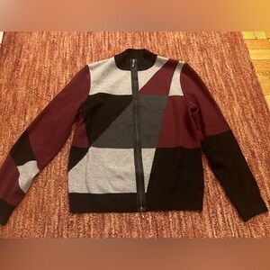 St John Gray Black Burgundy Knit Full Zip Wool Sweater Jacket sz small
